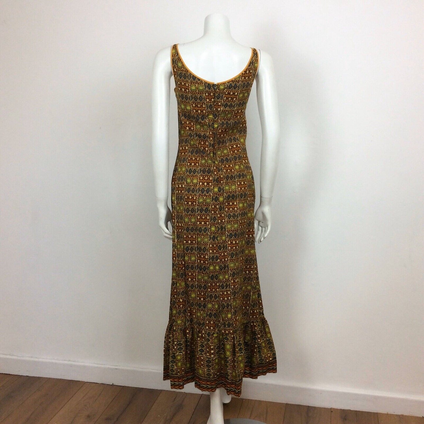 60S 70s VTG BROWN ORANGE BATIK PRINT FESTIVAL TRIBAL BOHO MAXI DRESS 10 12
