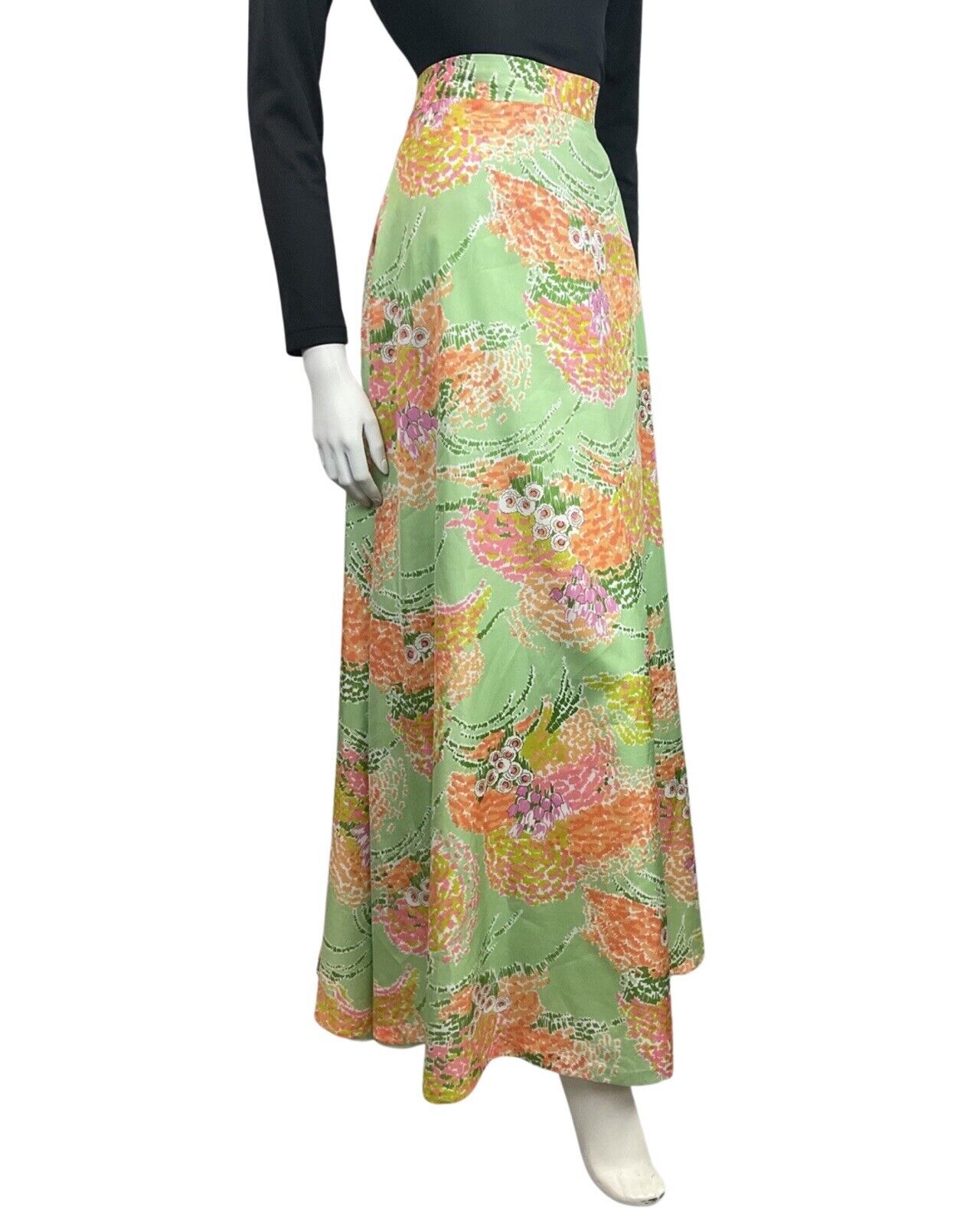 VINTAGE 60s 70s GREEN ORANGE LILAC FLORAL DITSY MOD BOHO MAXI SKIRT 10 12