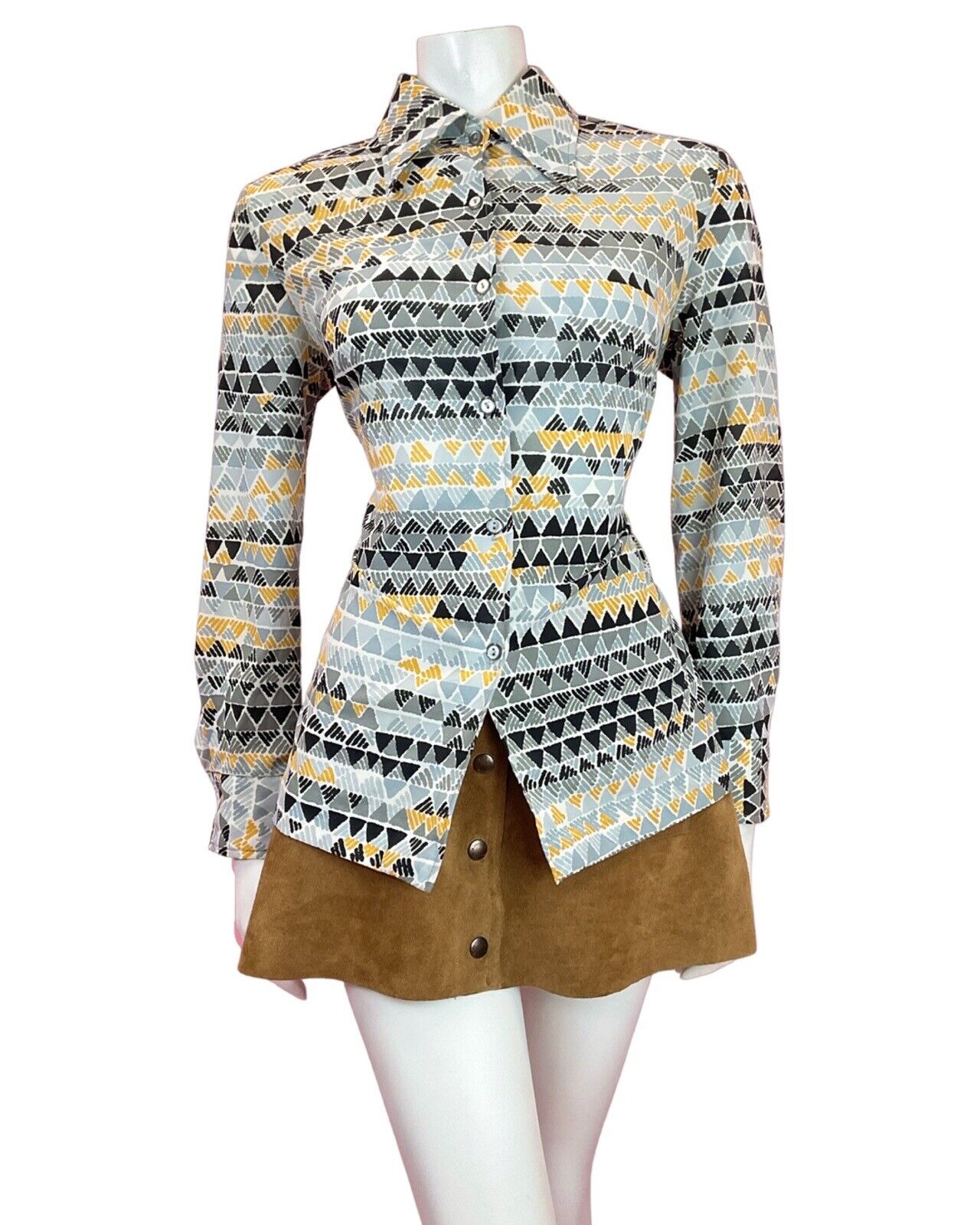 VINTAGE 60s 70s GREY SILVER YELLOW BLACK GEOMETRIC MOD DAGGER SHIRT BLOUSE 12 14