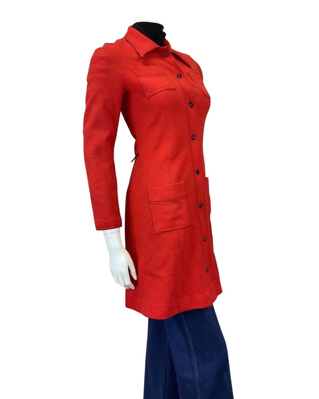 VINTAGE 60s 70s PILLARBOX RED DAGGER COLLAR MOD WOOL PRINCESS DRESS COAT 8 10