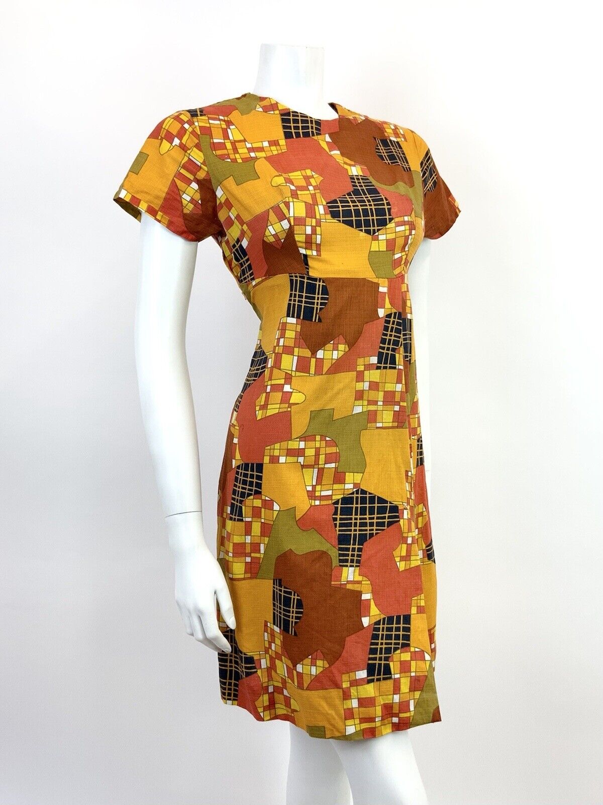 VTG 60s 70s ORANGE YELLOW RED BLACK PSYCHEDELIC CHECKED ABSTRACT MOD DRESS 12