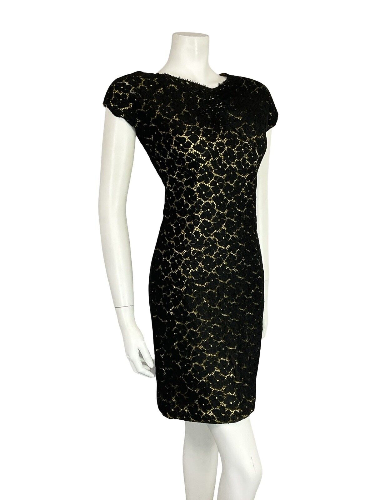 VTG 60S BLACK LACE GOLD V BOAT NECK SHORT SLEEVE PARTY SHIFT LBD MINI DRESS 8