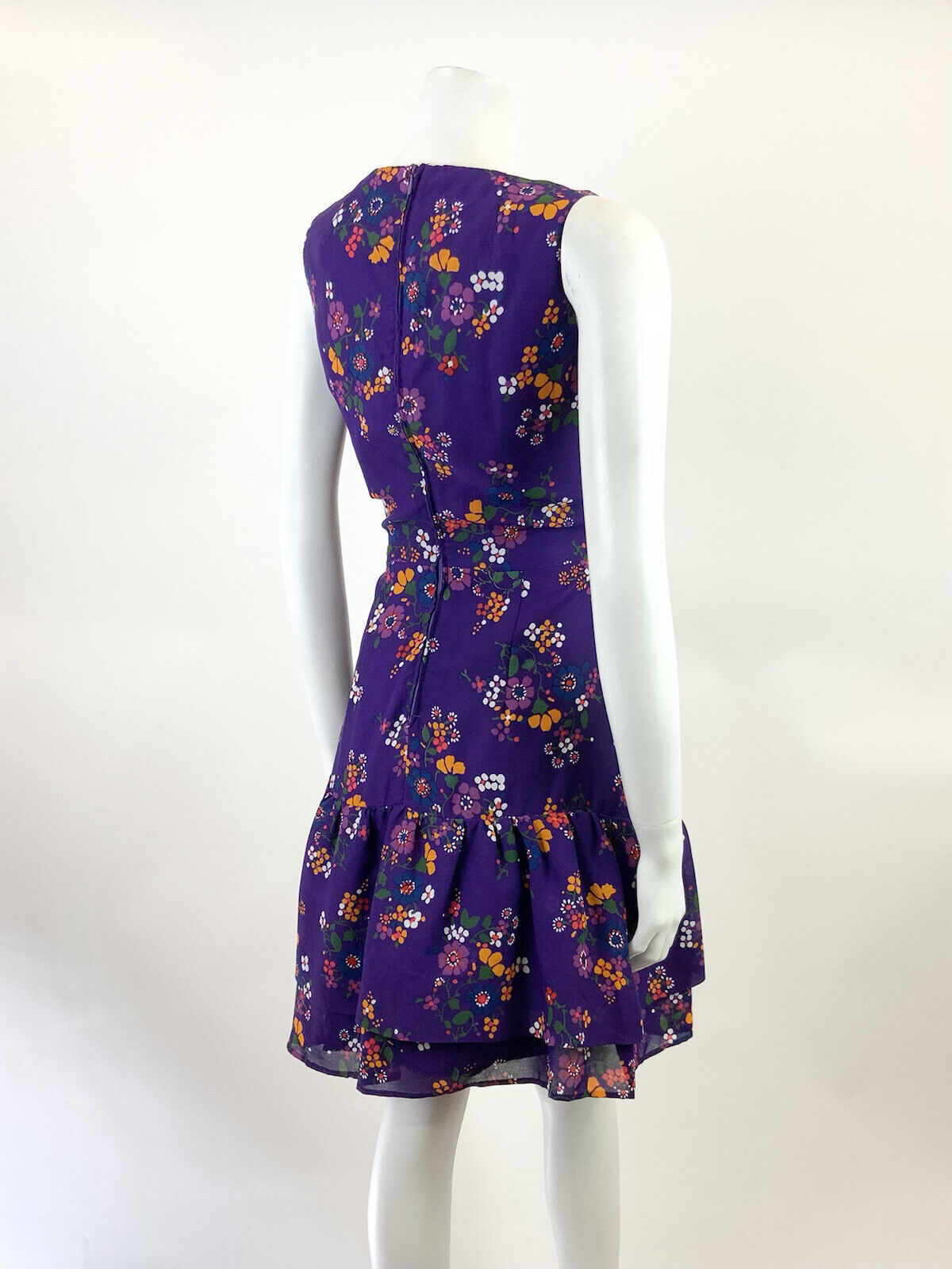 VTG 60s 70s PURPLE WHITE ORANGE GREEN FLORAL MOD SLEEVELESS RUFFLE DRESS 8 10