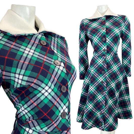 VINTAGE 60s 70s BLUE GREEN WHITE TARTAN CHECKED MOD WING COLLAR SHIRT DRESS 12