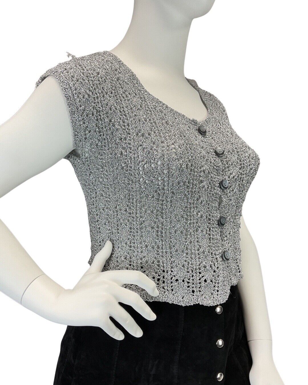 VINTAGE 60s 70s SILVER CROCHETED DISCO PARTY KNIT CROPPED VEST TOP 14 16