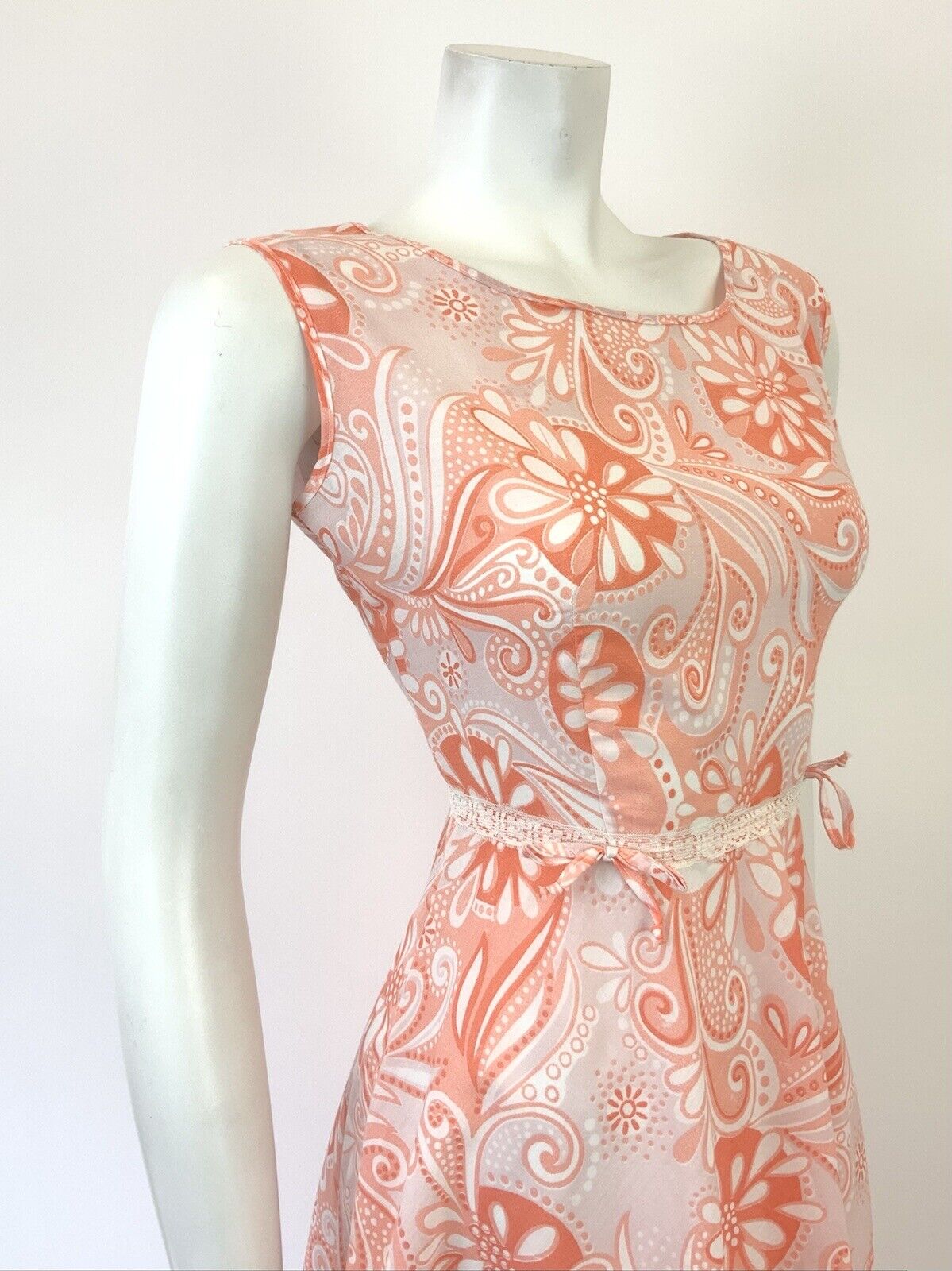VTG 60s 70s PINK ORANGE WHITE PSYCHEDELIC FLORAL PAISLEY LACE MOD DRESS 10 12