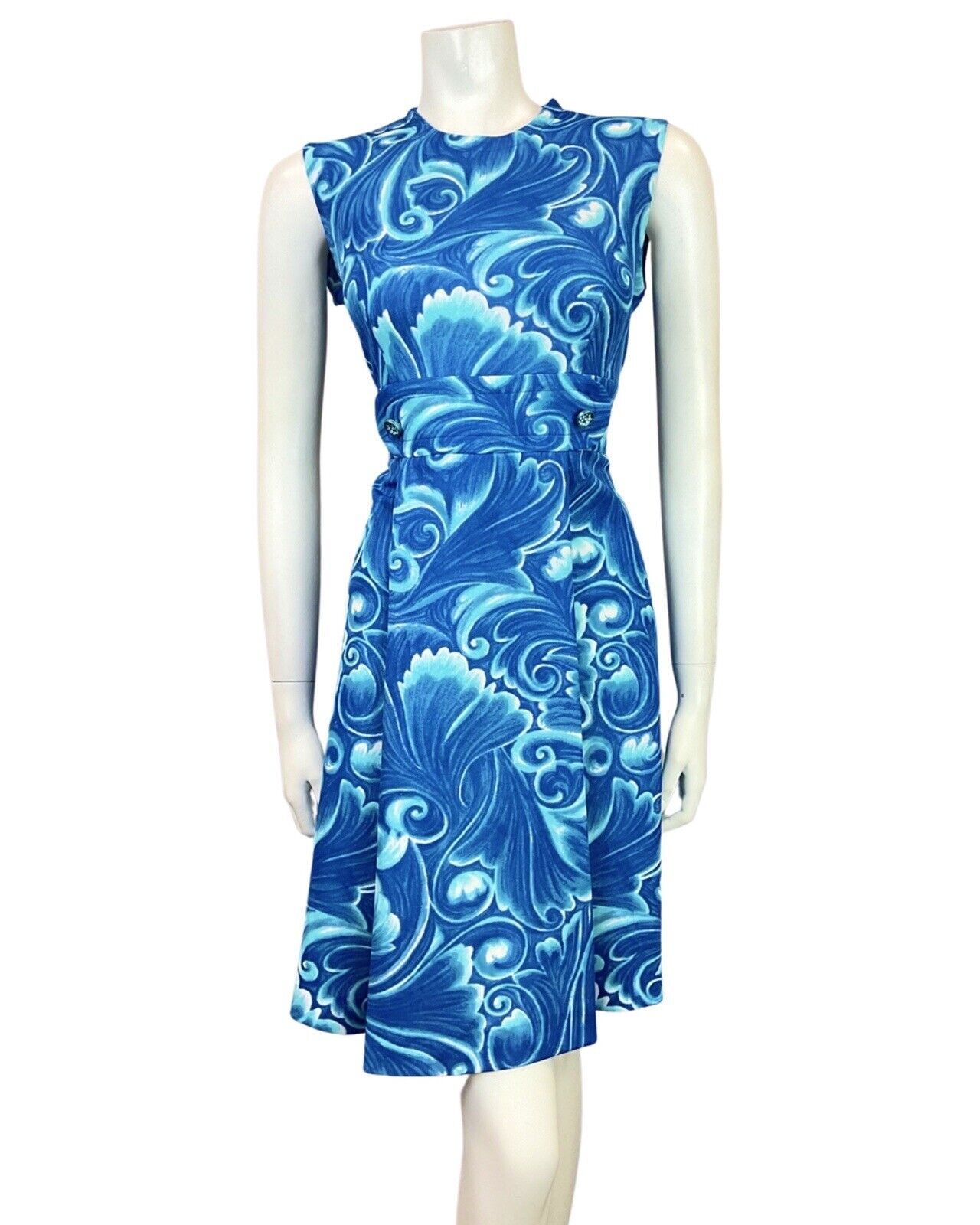 VINTAGE 60s 70s BLUE WHITE PSYCHEDELIC SWIRL MOD SLEEVELESS DRESS 10 12