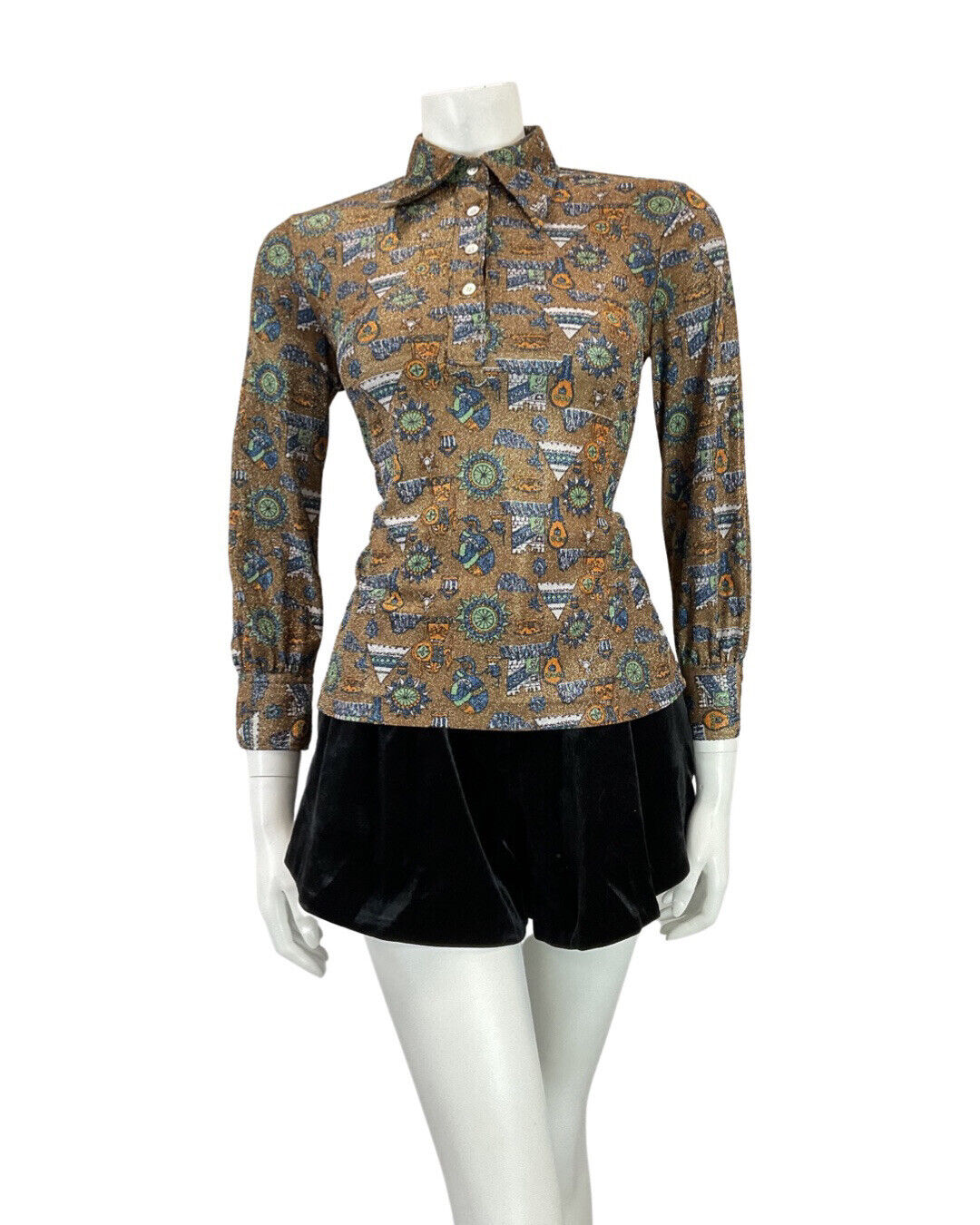 VINTAGE 70s BROWN SILVER BLUE CASTLE TENT MOD DAGGER COLLAR LUREX SHIRT 12