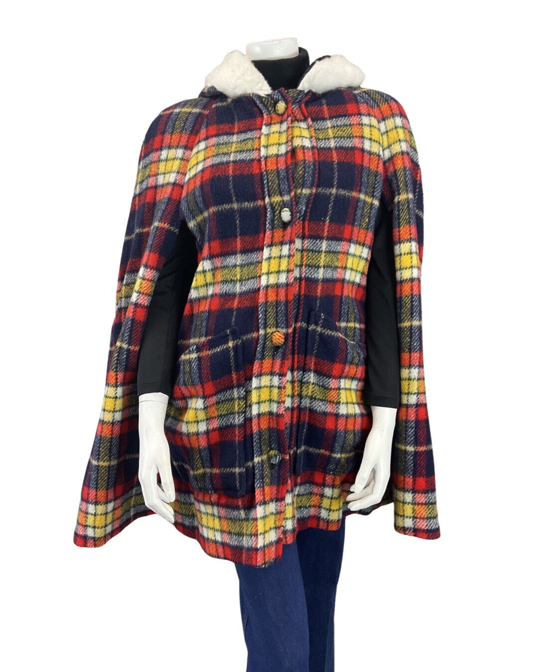 VINTAGE 60s BLUE RED WHITE TARTAN PLAID MOD FAUX-FUR HOODED WOOL CAPE 8