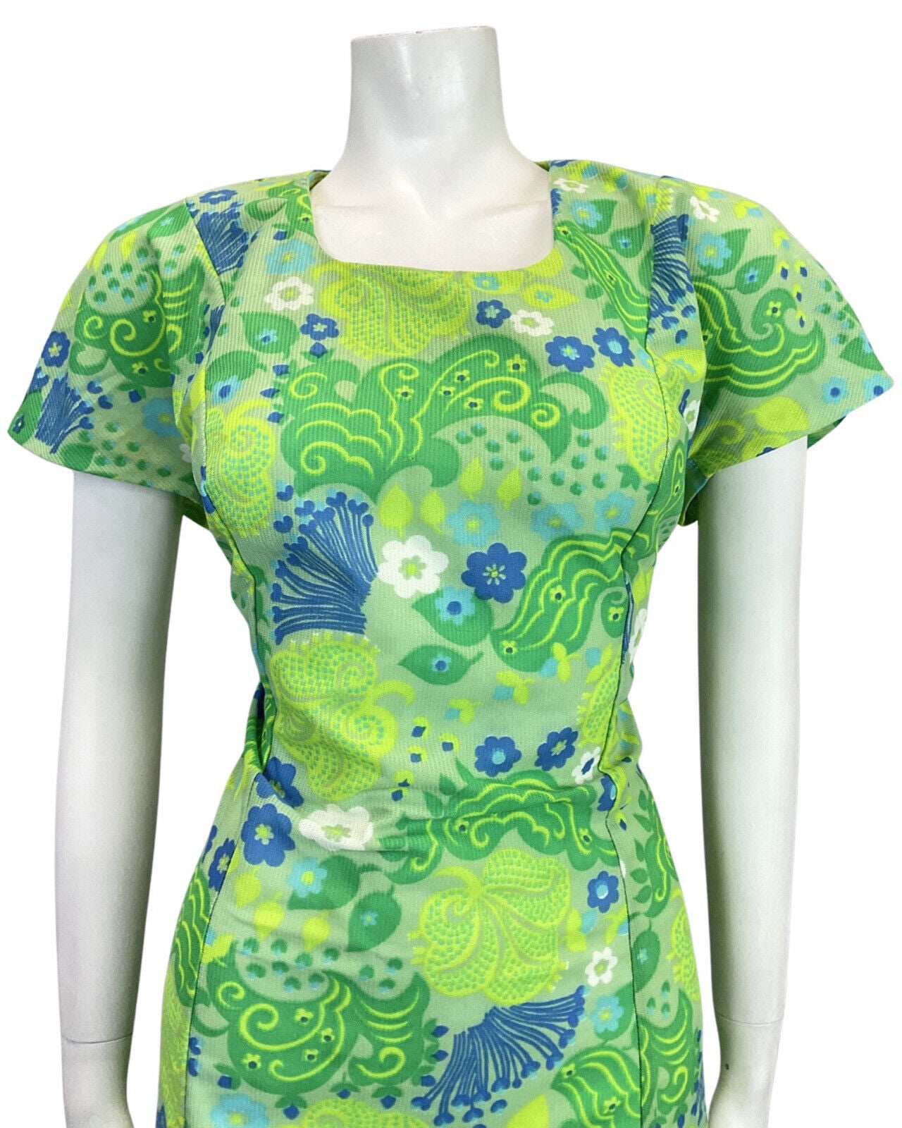 VINTAGE 60s 70s APPLE LIME GREEN BLUE PSYCHEDELIC SWIRL DAISY MOD DRESS 12