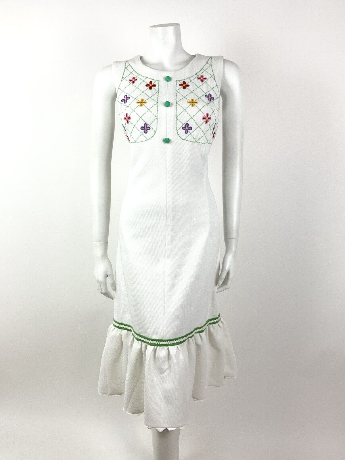 VTG 60s 70s WHITE GREEN RED FLORAL EMBROIDERED BOHO FOLK SLEEVELESS DRESS 12 14