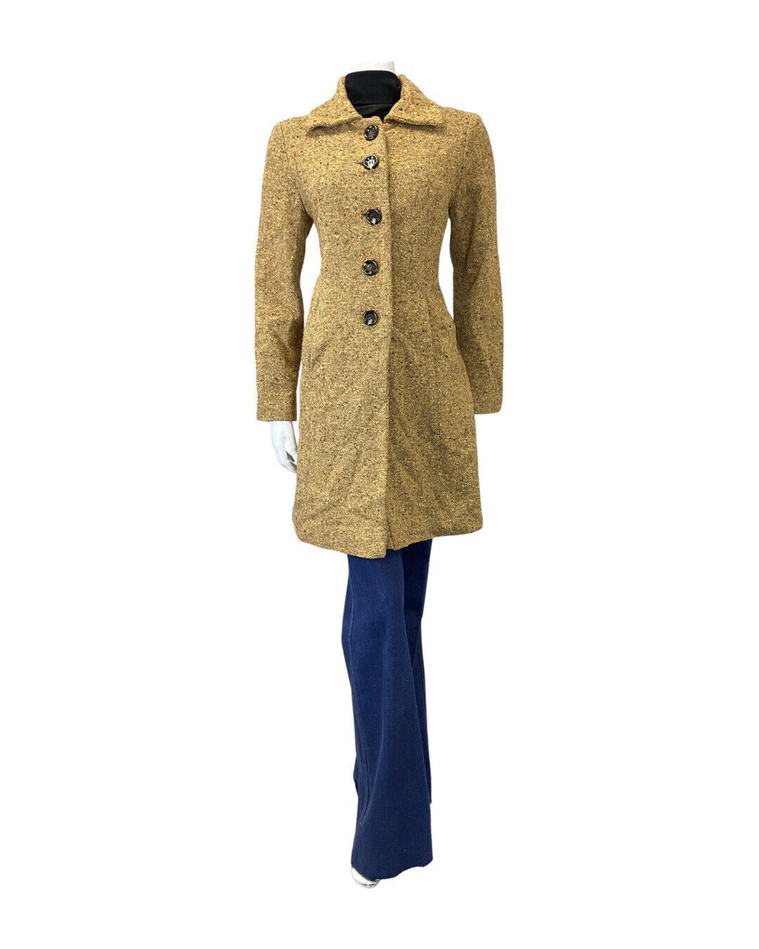 VINTAGE 60s 70s YELLOW BROWN BEIGE SPECKLED MOD MID-LENGTH WOOL COAT 12