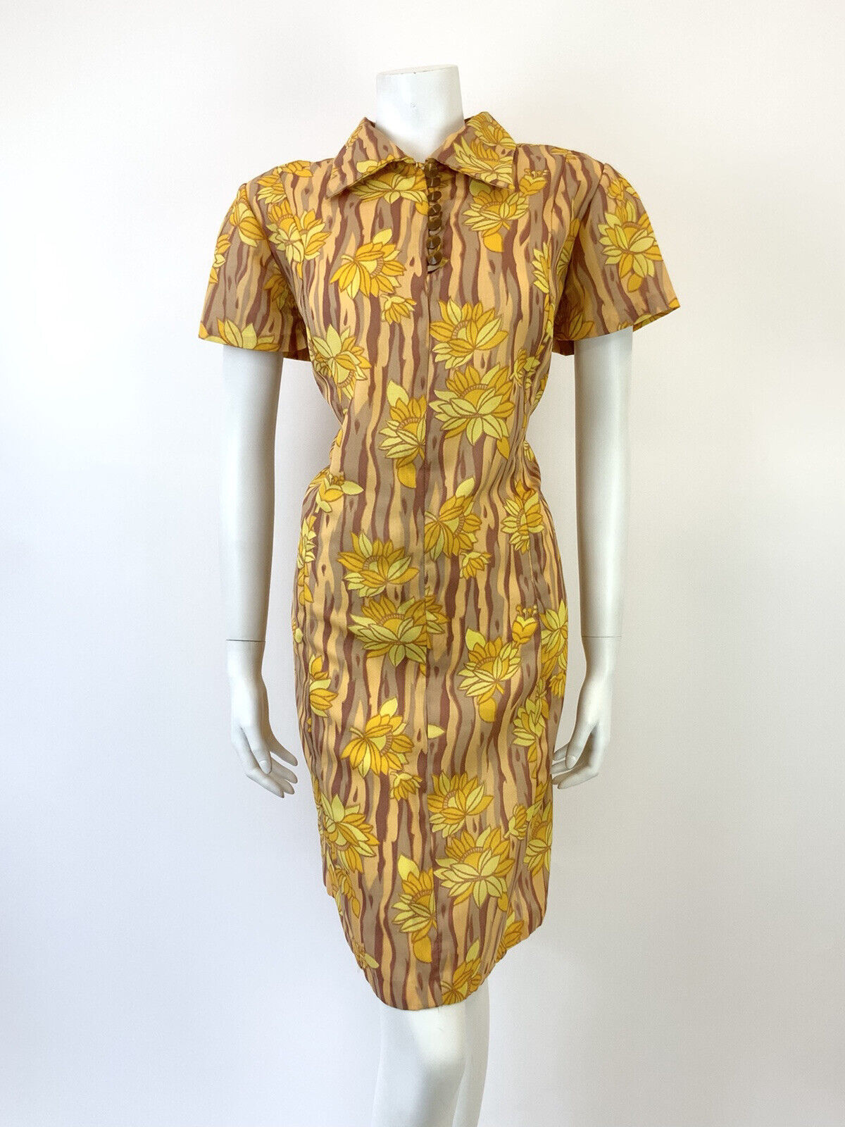 VINTAGE 60s 70s YELLOW BROWN BEIGE STRIPED FLORAL MOD SHIRT SHIFT DRESS 14 16