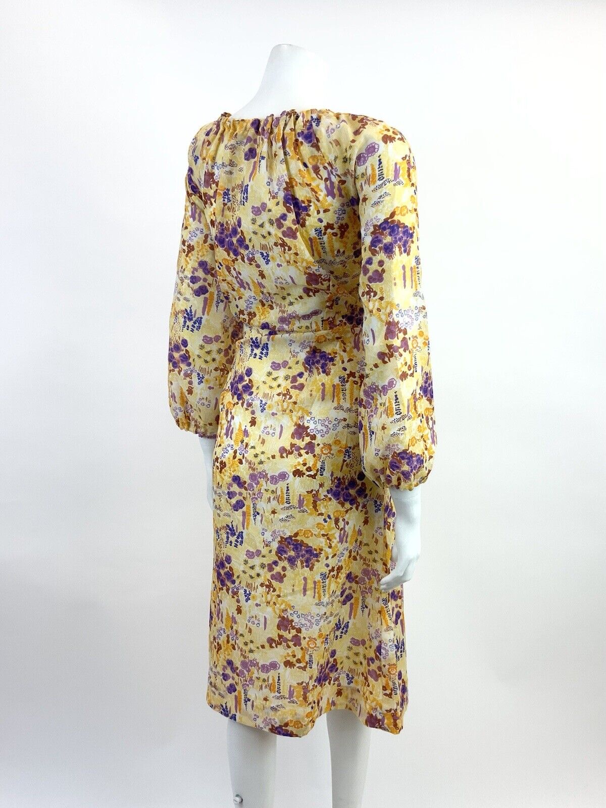 VINTAGE 60s 70s YELLOW WHITE PURPLE FLORAL DITSY BOHO FOLK FLOATY DRESS 14 16