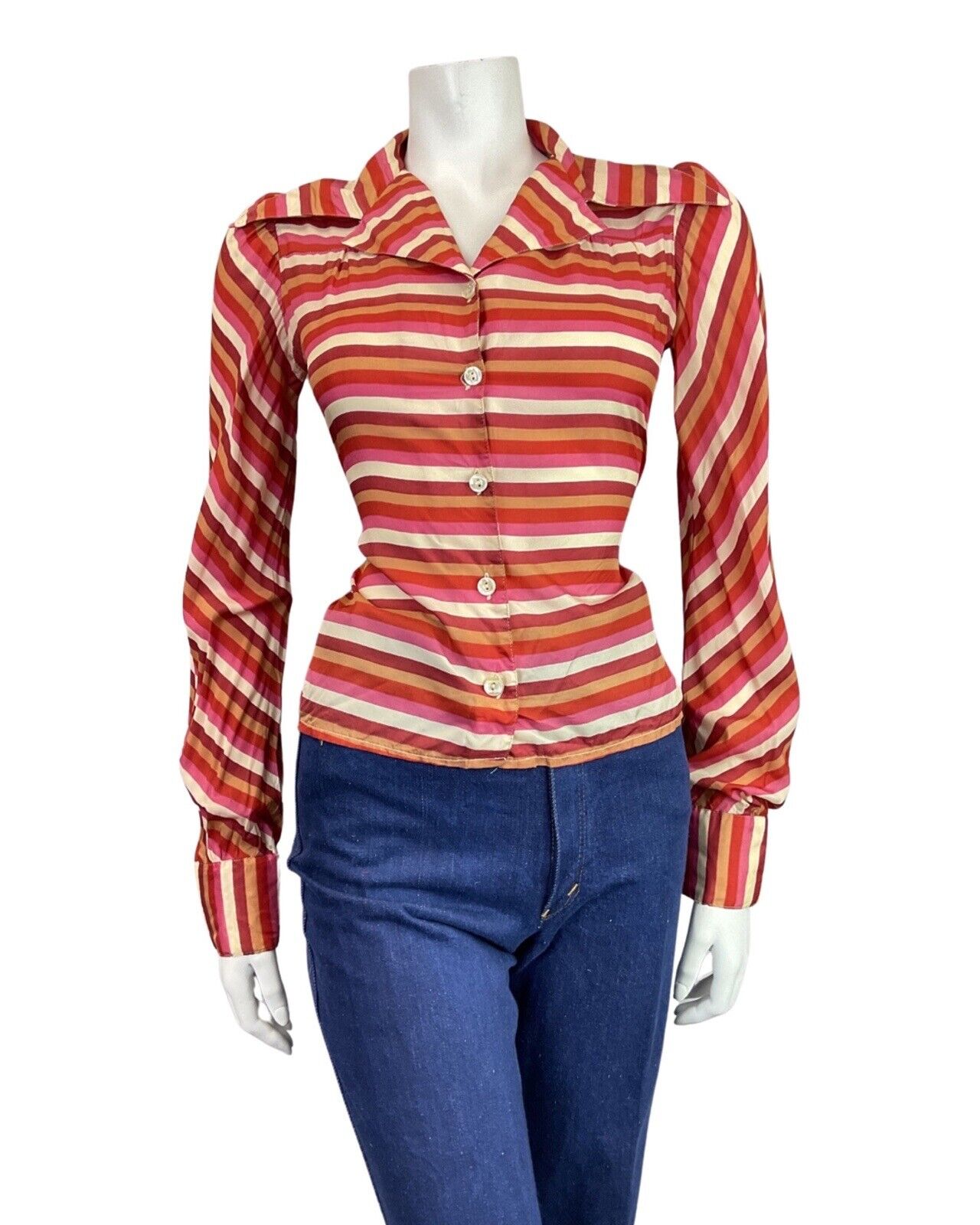 VINTAGE 60s 70s PINK RED GOLD STRIPED MOD DAGGER COLLAR SHIRT 8