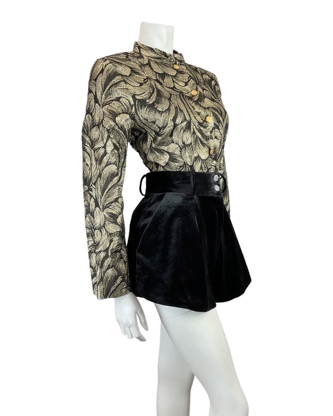 VINTAGE 60s 70s GOLD BLACK PSYCHEDELIC MANDARIN COLLAR STUDIO 54 LUREX SHIRT 14