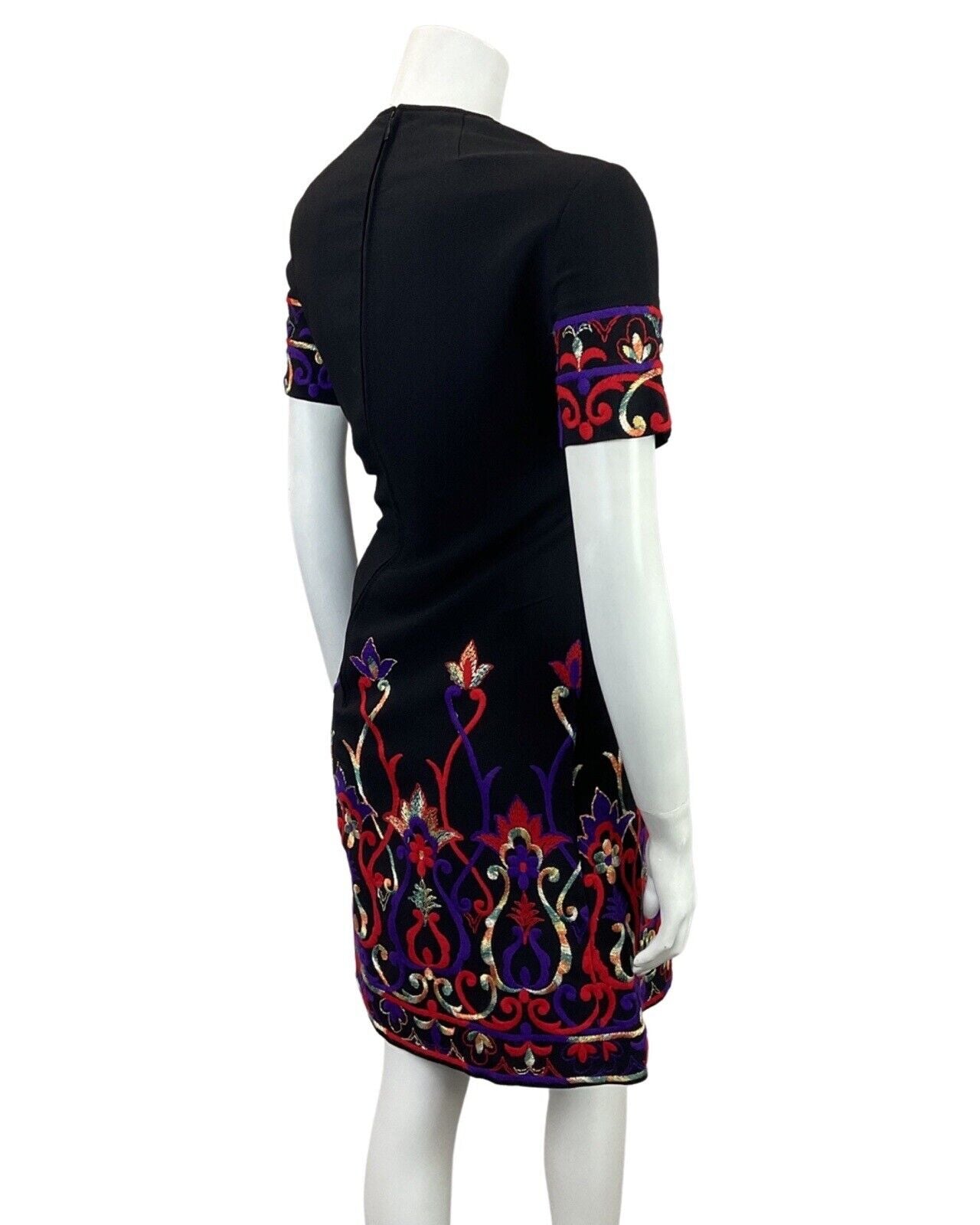 VINTAGE 60s 70s BLACK RED PURPLE GOLD EMBROIDERED FLORAL SWIRL MOD DRESS 12 14