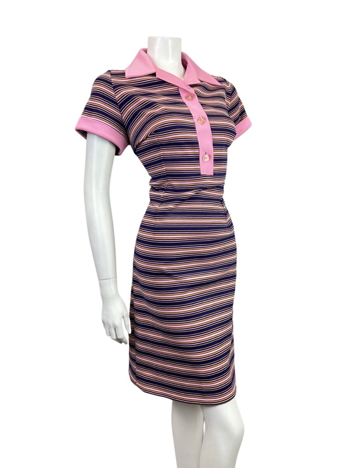 VINTAGE 60s 70s NAVY BLUE BABY PINK STRIPED MOD SHIRT DRESS 12 14