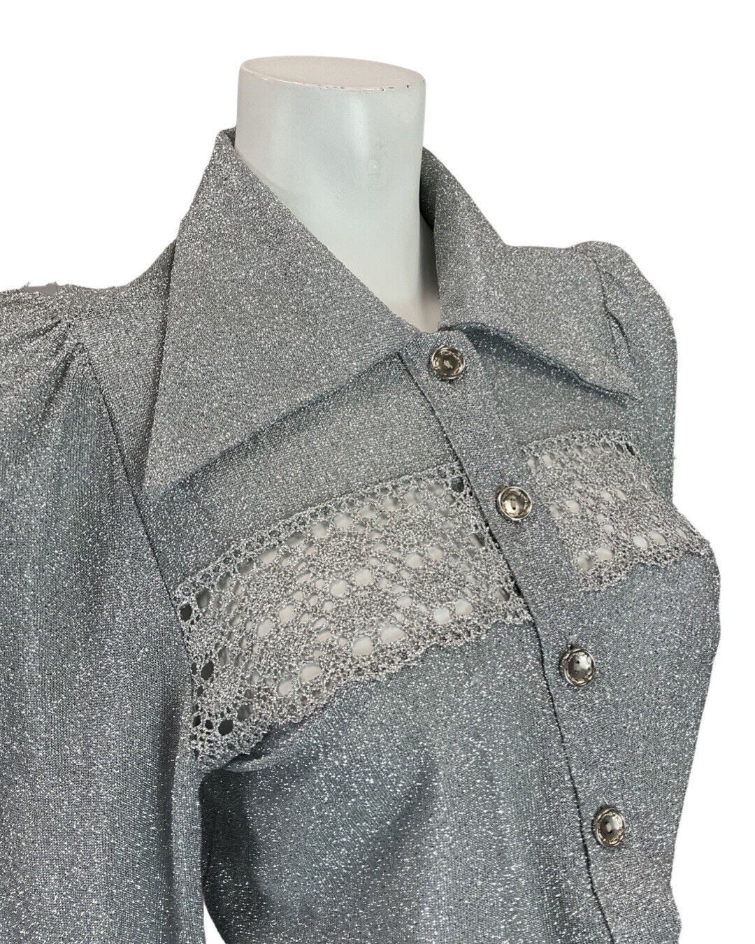 VINTAGE 60s 70s METALLIC SILVER FLORAL LACE STUDIO 54 DISCO DAGGER SHIRT 8 10