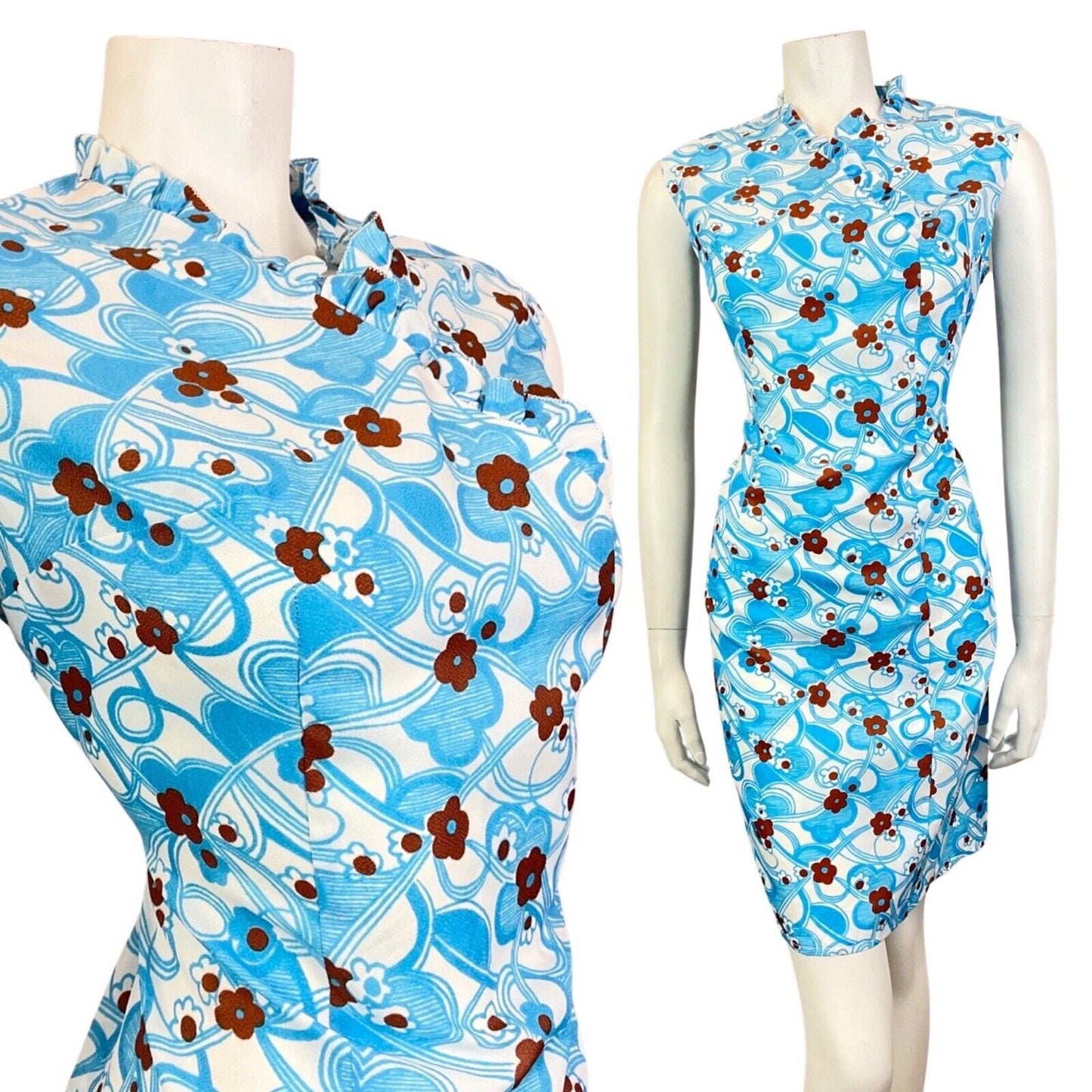 VINTAGE 60s 70s BLUE WHITE BROWN PSYCHEDELIC DAISY FLOWER MOD WIGGLE DRESS 14 16
