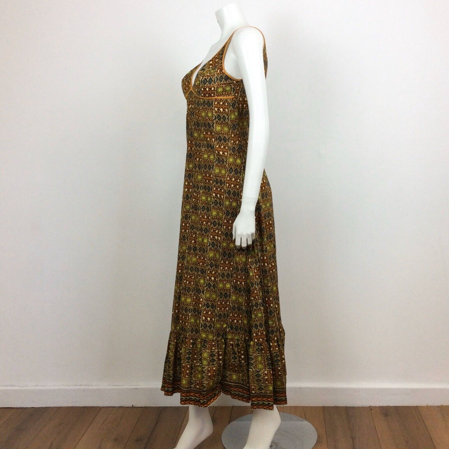 60S 70s VTG BROWN ORANGE BATIK PRINT FESTIVAL TRIBAL BOHO MAXI DRESS 10 12