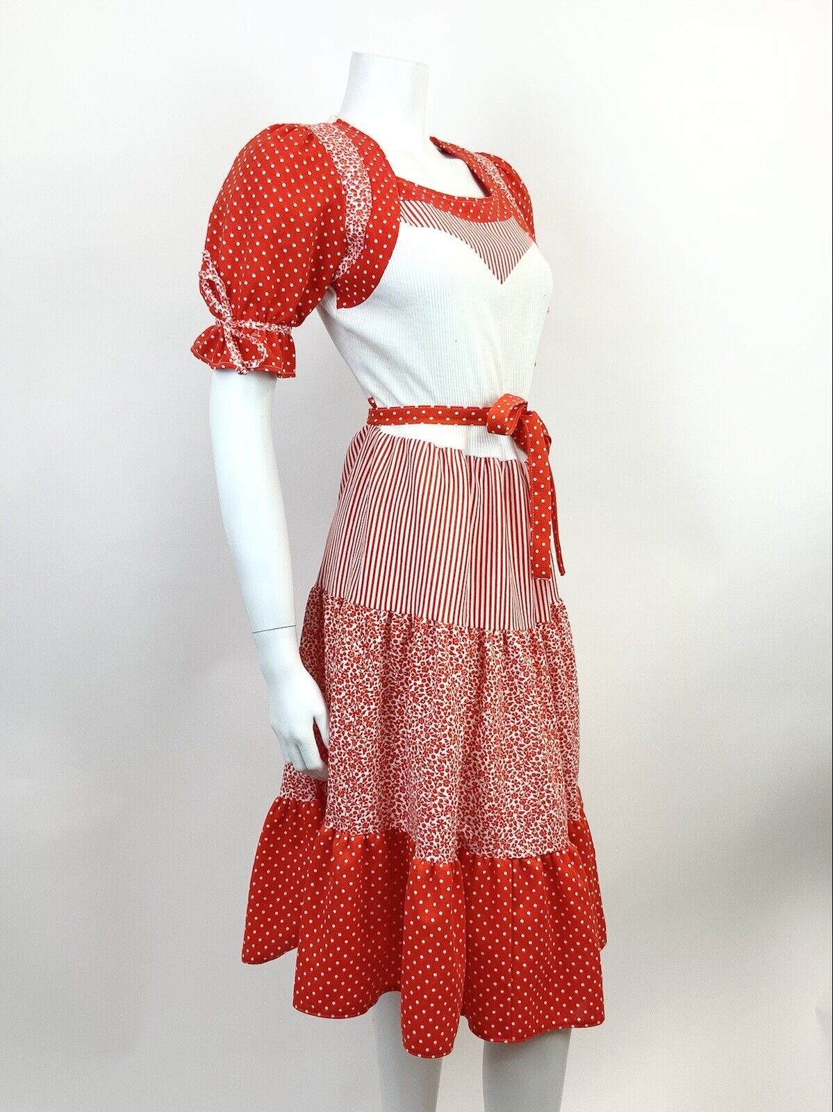 VTG 60s 70s RED WHITE STRIPE DOTTY FLORAL PRAIRIE FOLK PUFF SLEEVE DRESS 10 12
