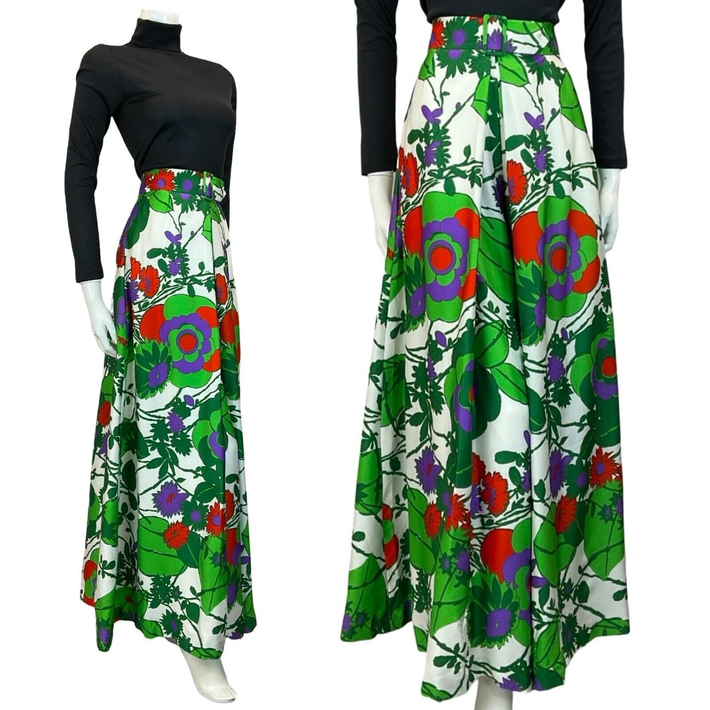 VTG 70S GREEN RED WHITE PURPLE FLORAL BELT PANTS TROUSERS SIZE 10