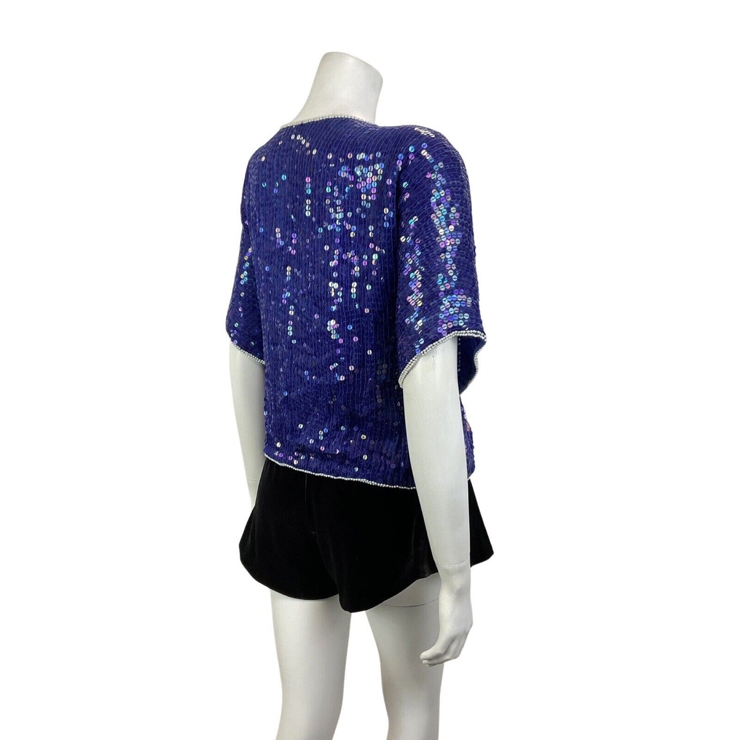 VINTAGE 60s 70s BLUE WHITE PINK GOLD SEQUIN BEADED FLORAL TREE DISCO TOP 14 16