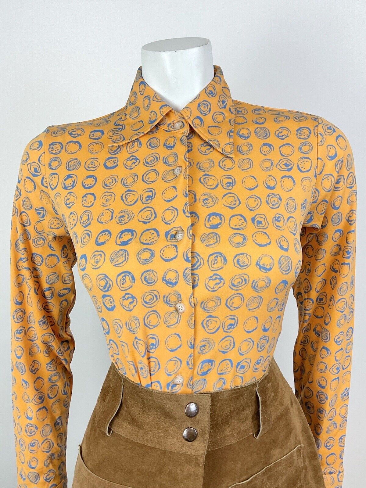 VINTAGE 60s 70s ORANGE BLUE PSYCHEDELIC CIRCLE DOTTY DAGGER SHIRT BLOUSE 8 10