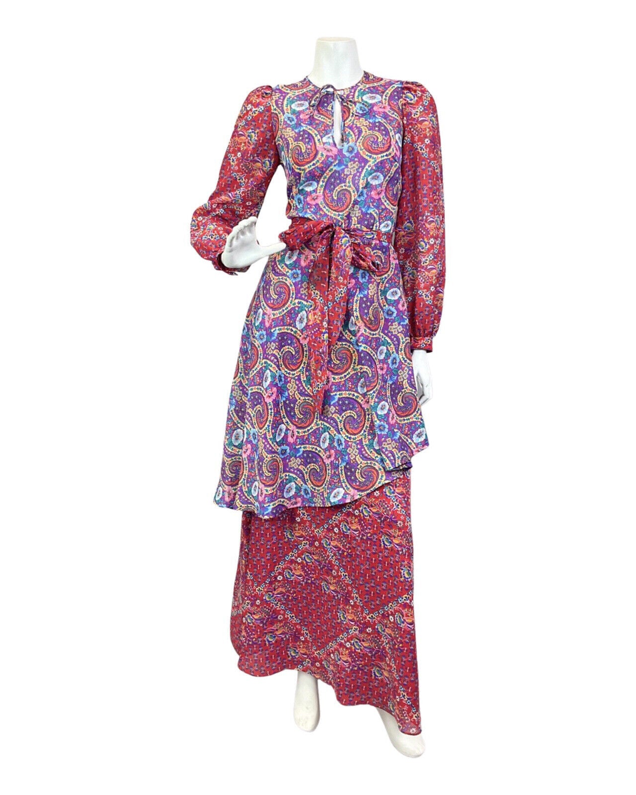 VINTAGE 70s PURPLE RED BLUE PSYCHEDELIC FLORAL PAISLEY BOHO FOLK MAXI DRESS 8