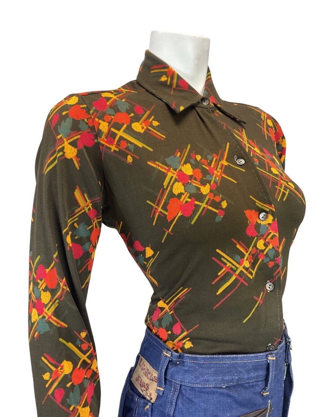 VINTAGE 60s 70s BROWN ORANGE FLORAL LEAFY STRIPED MOD DAGGER SHIRT 12 14