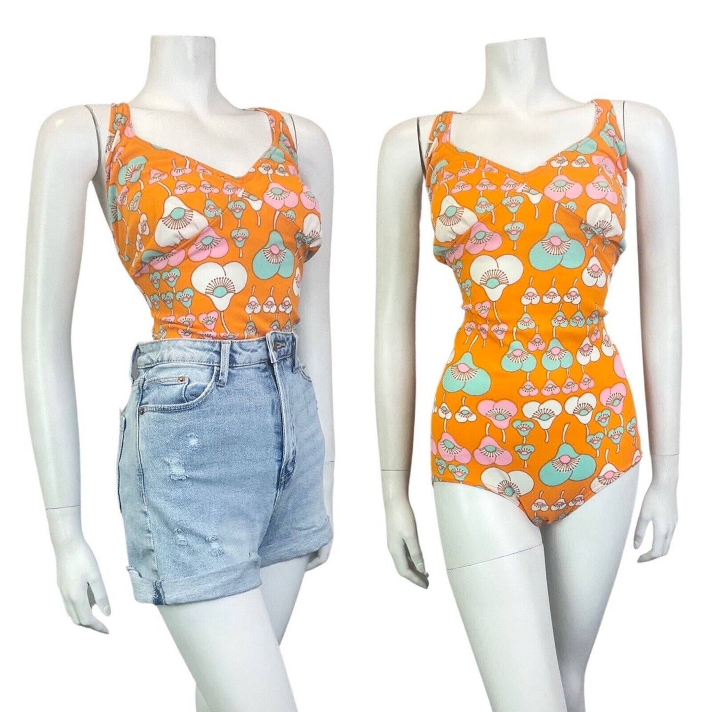 VINTAGE 60s 70s ORANGE PINK BLUE FLORAL MOD STRAPPY SWIMSUIT BODYSUIT 14 16
