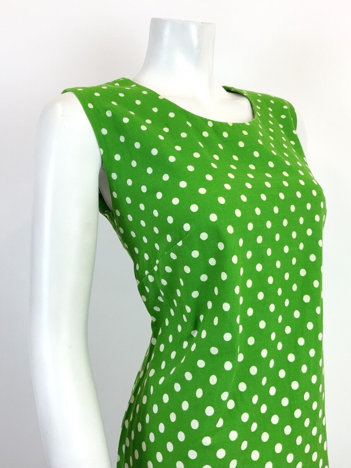 VTG 60s 70s GREEN WHITE PINK POLKA-DOT FLORAL LACE BOHO FOLK A-LINE DRESS 10 12