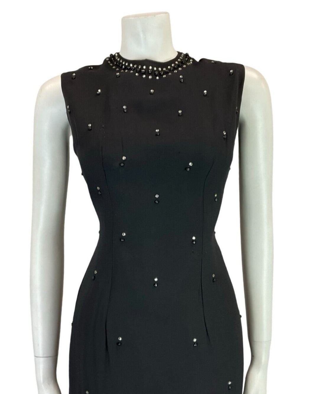 VTG 60S MOD BLACK DIAMANTE SLEEVELESS BEADED BLACK PARTY EVENING DRESS 12