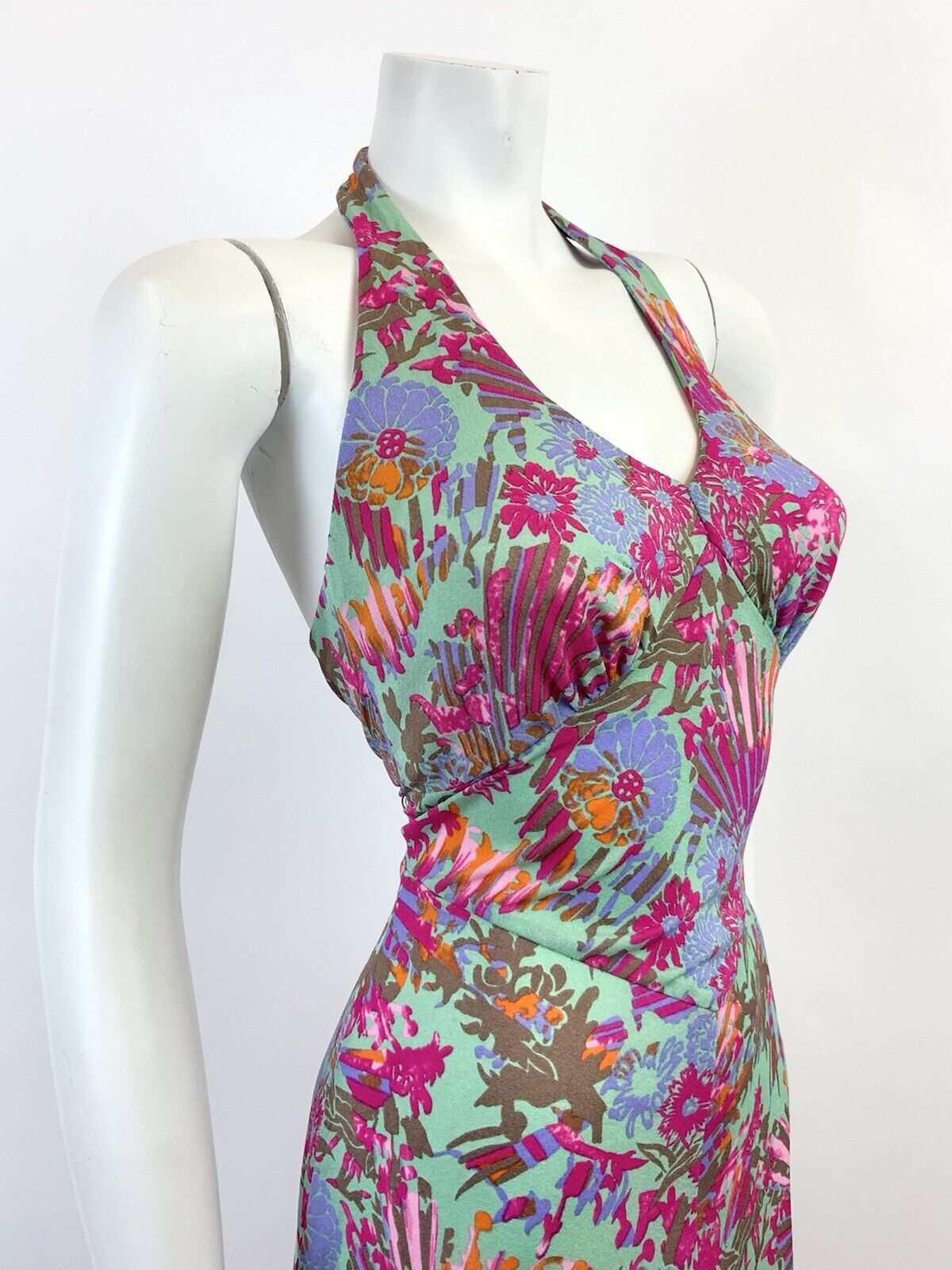 VINTAGE 60s 70s GREEN PINK ORANGE FLORAL HAWAIIAN HALTER MOD SWING DRESS 8 10