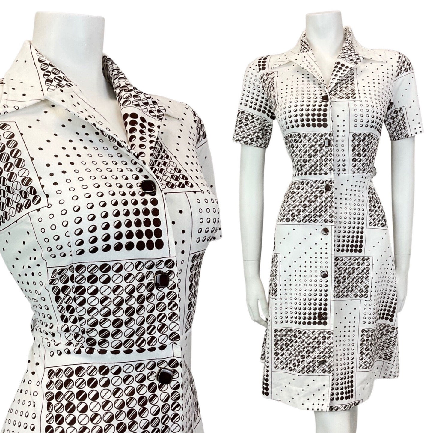 VINTAGE 60s 70s WHITE BROWN DOTTY CIRCLE GEOMETRIC MOD DAGGER SHIRT DRESS 10 12