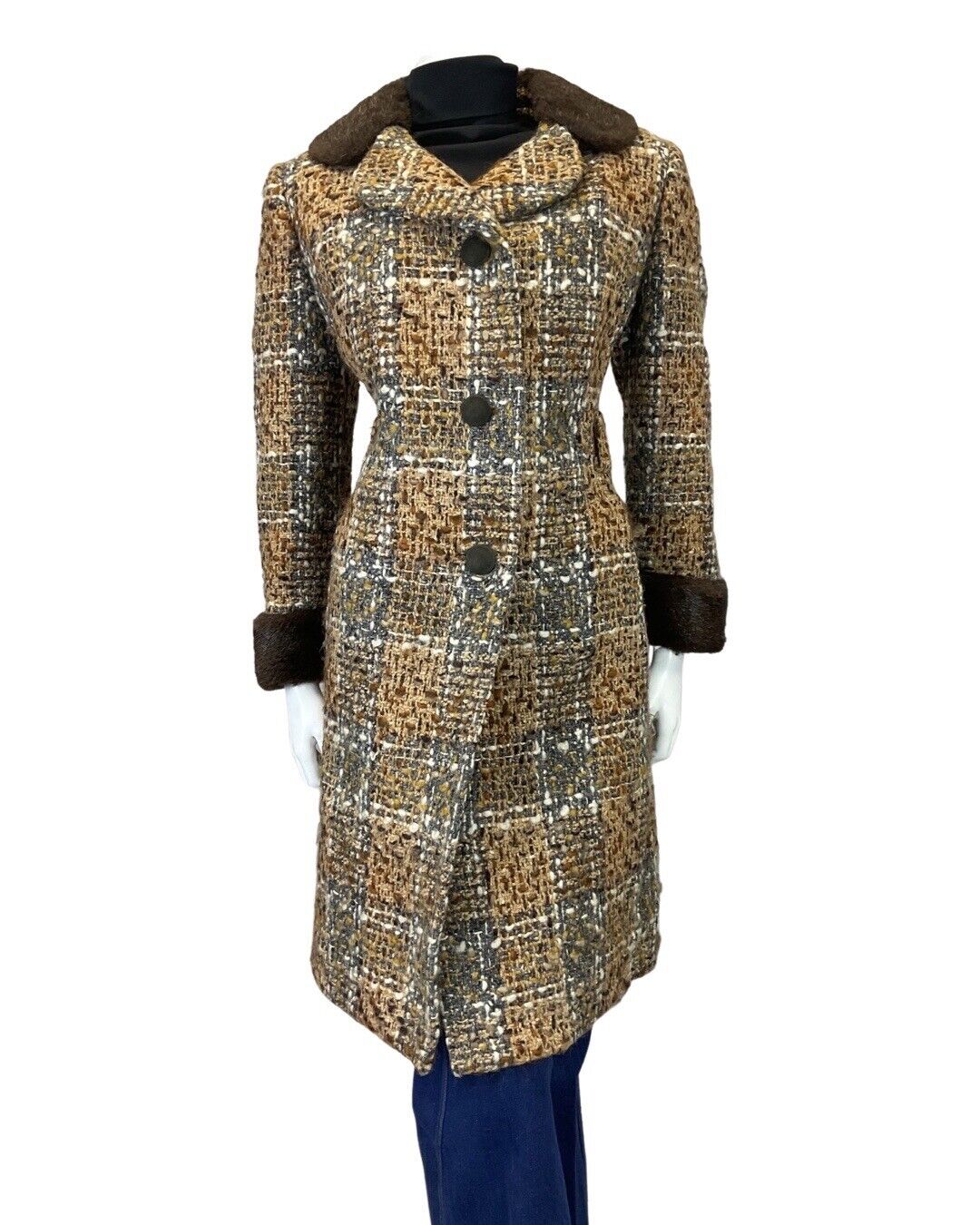 VINTAGE 60s 70s BROWN CREAM PLAID CHECKED FAUX FUR MOD WOOL COAT 16