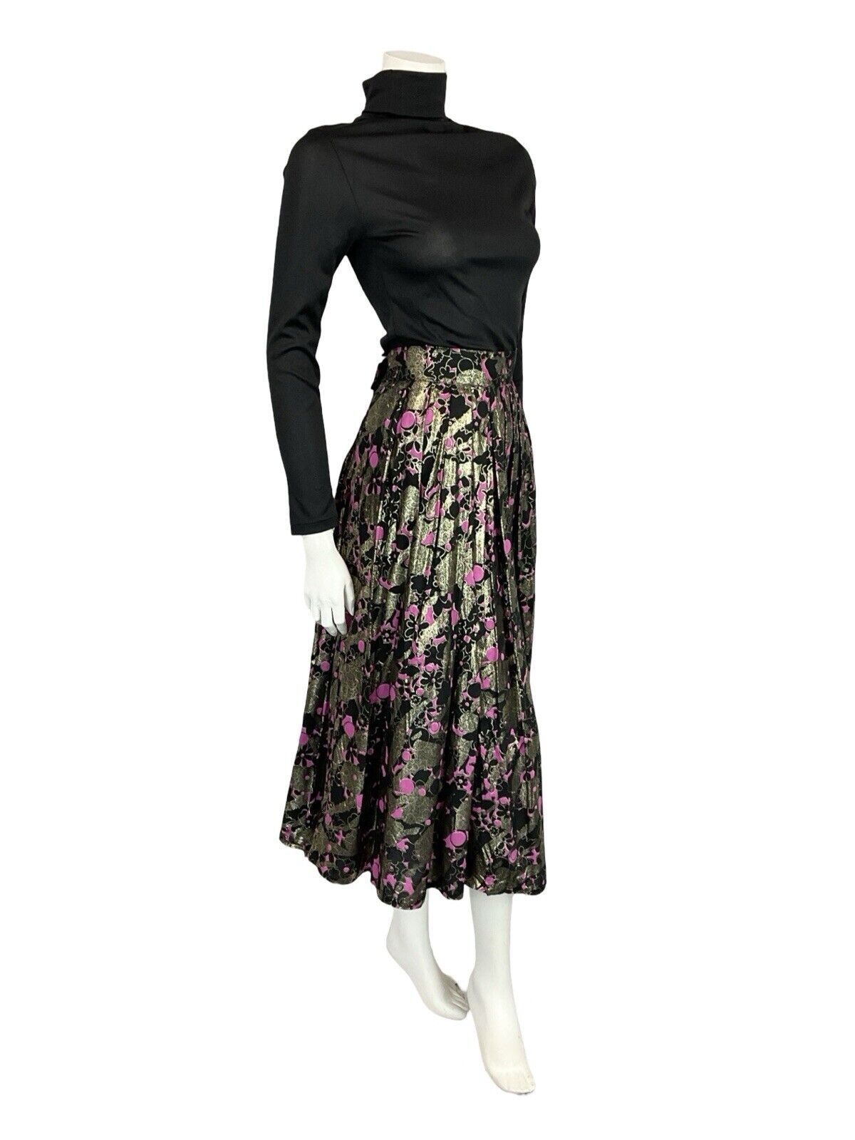 VTG 70S BLACK PINK GOLD METALLIC FLORAL PLEATED NEW WAVE MIDI PARTY SKIRT 14 16