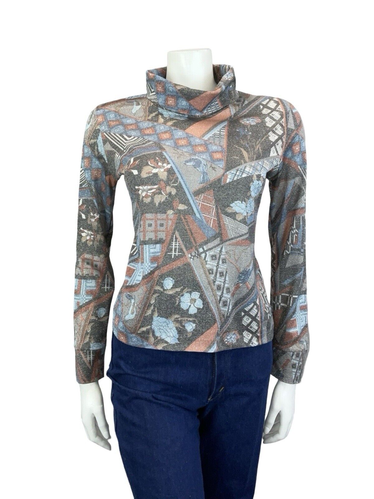 VTG 60S 70S BLACK RED BLUE LUREX GEOMETRIC FLORA BIRD PARTY TURTLENECK TOP 8