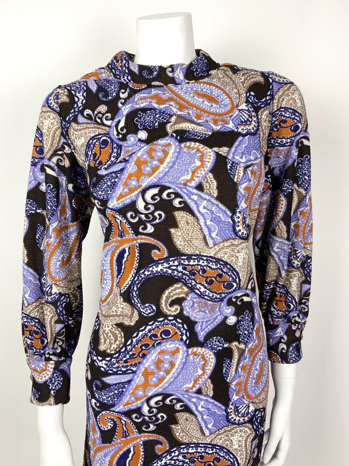 VTG 60s 70s BROWN PURPLE BLUE ORANGE PAISLEY PSYCHEDELIC MOD SHIFT DRESS 14 16