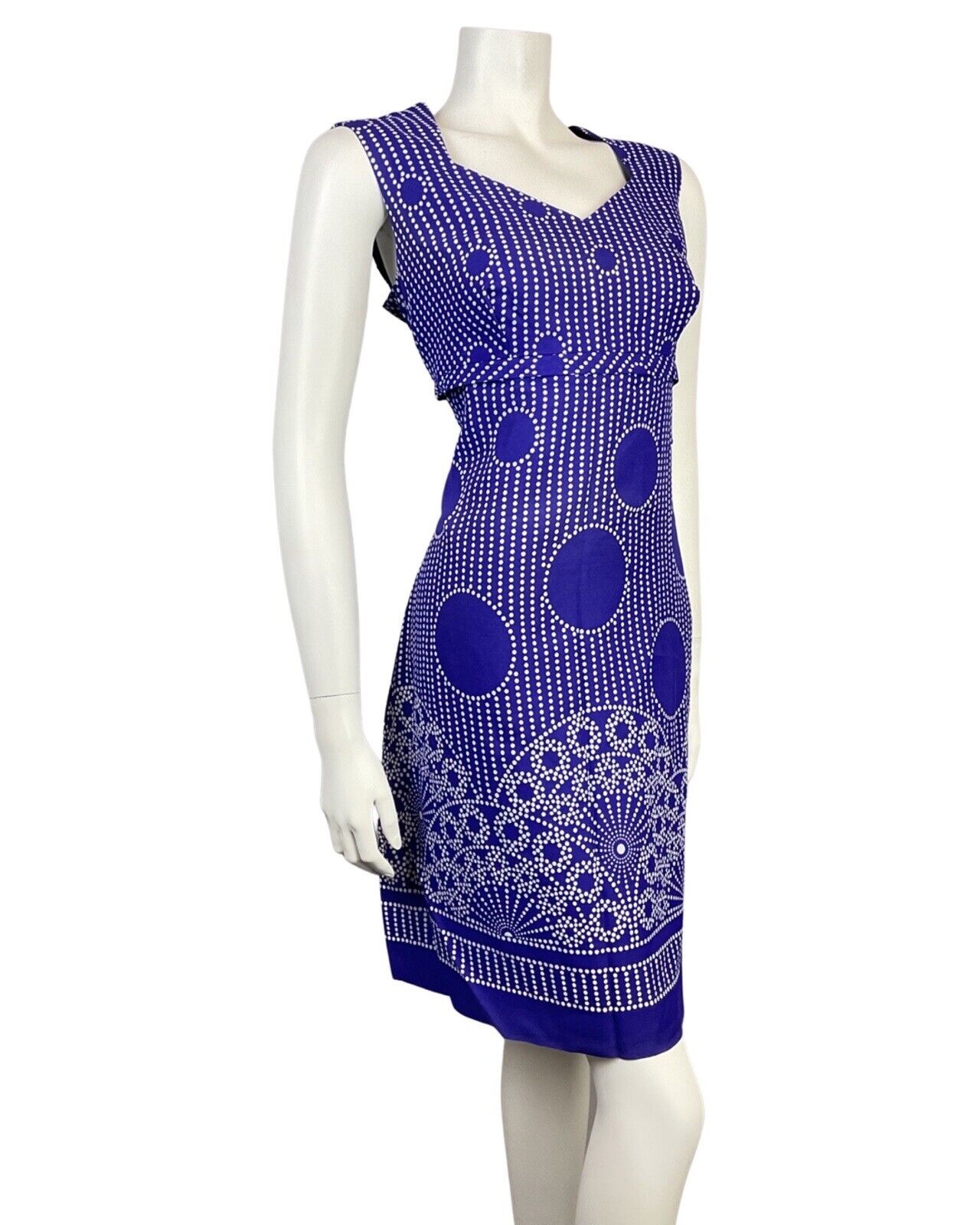 VINTAGE 60s 70s PURPLE WHITE POLKA-DOT STRIPED MANDALA MOD SLEEVELESS DRESS 14