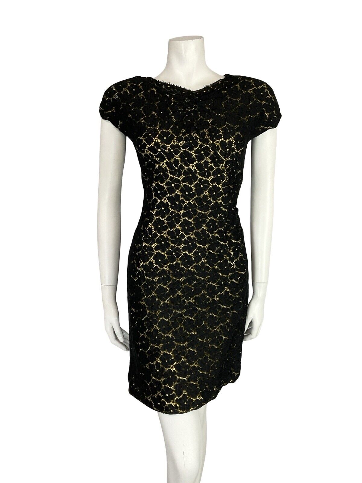 VTG 60S BLACK LACE GOLD V BOAT NECK SHORT SLEEVE PARTY SHIFT LBD MINI DRESS 8