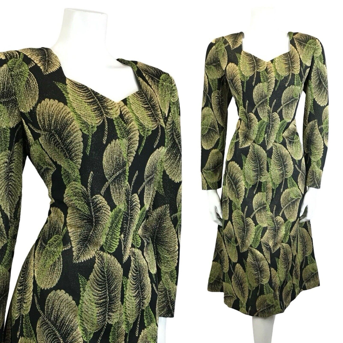 VTG 60S 70S BLACK GREEN GOLD LEAF LUREX SWEETHEART PARTY MIDI DRESS 1214 M