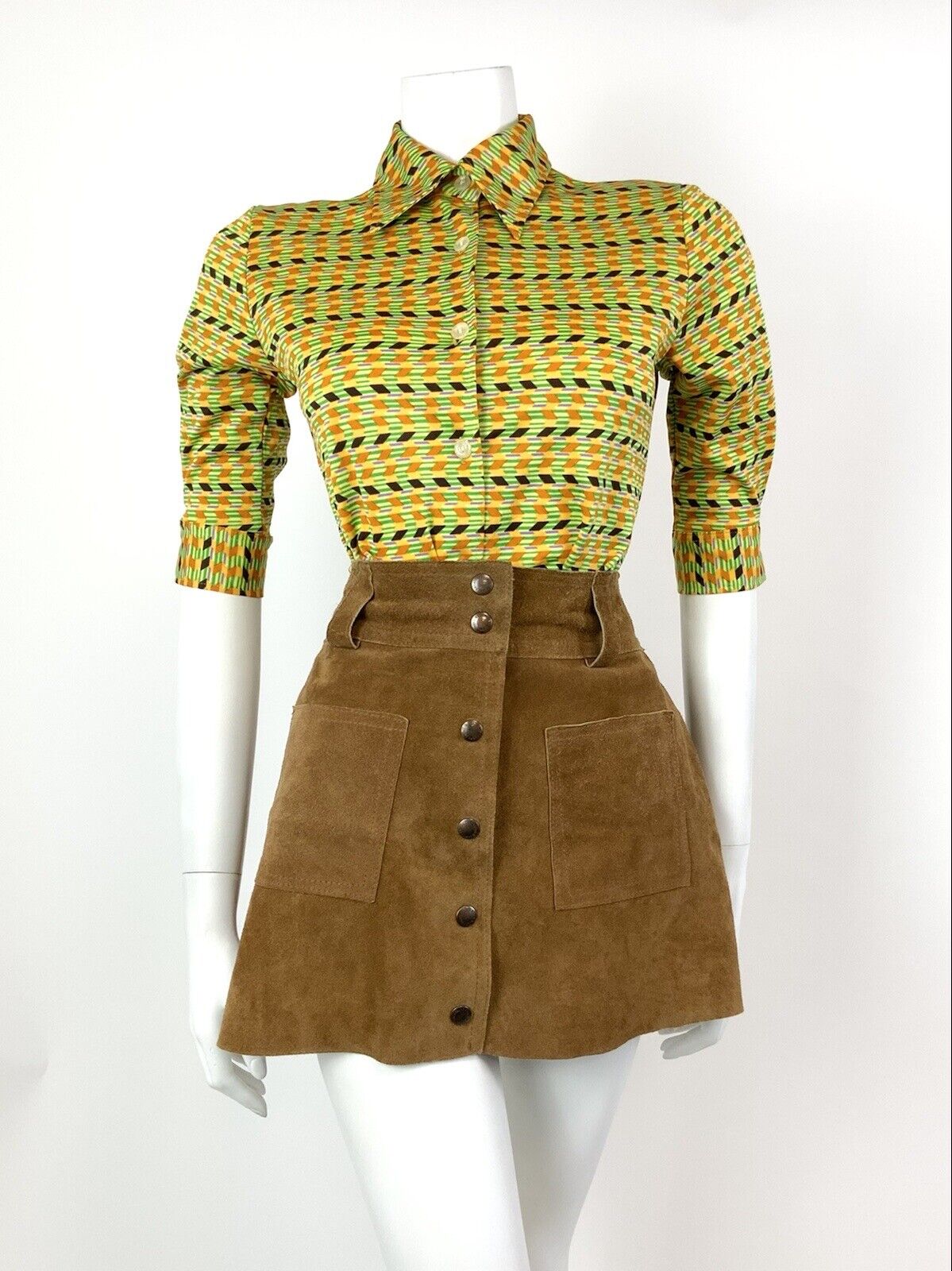 VTG 60s 70s GREEN ORANGE PURPLE GEOMETRIC STRIPED ZIG-ZAG DAGGER SHIRT 8 10