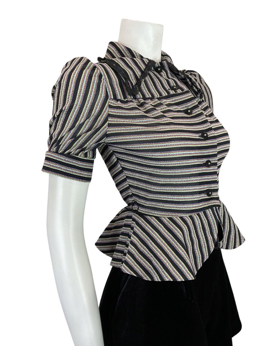 VINTAGE 60s 70s BLACK BLUE SILVER STRIPED MOD PARTY PEPLUM LUREX BLOUSE 8 10