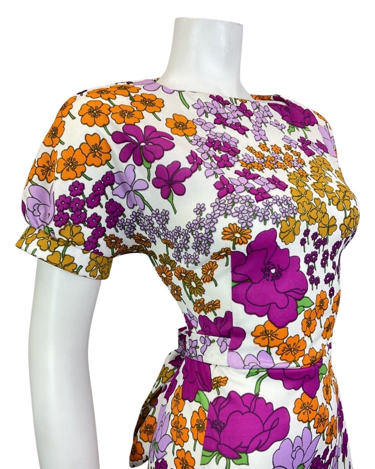 VINTAGE 60s 70s PURPLE WHITE YELLOW FLORAL MOD SHORT SWING DRESS 8 10