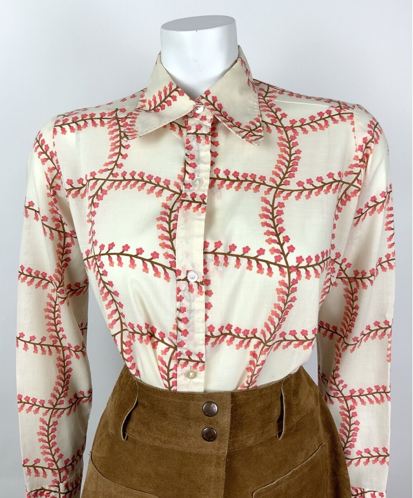 VINTAGE 60s 70s CREAM BROWN PINK GRID CHECKED FLORAL DAGGER SHIRT BLOUSE 14 16