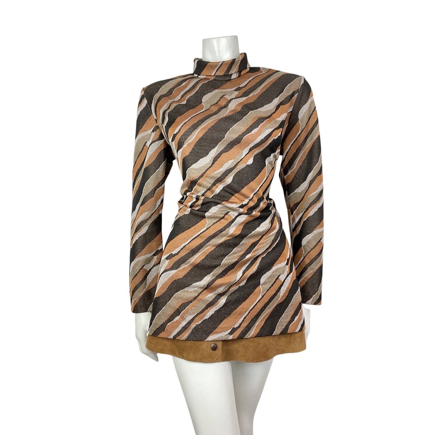 VTG 60s 70s BROWN ORANGE GOLD WHITE STRIPED LUREX PARTY MOD TURTLENECK TOP 16