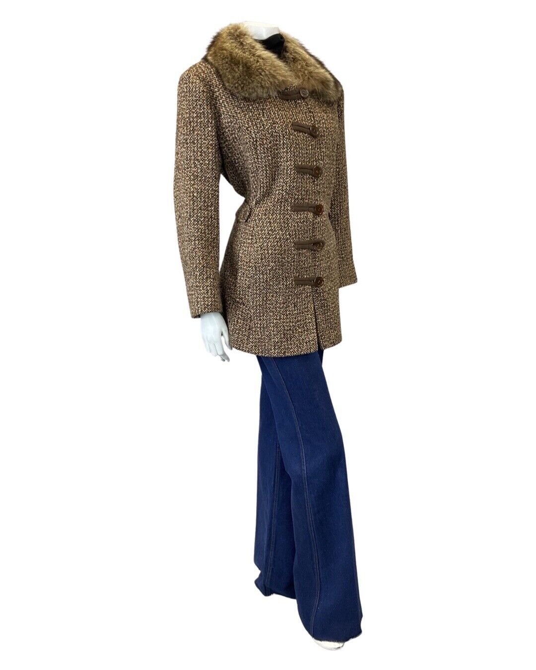 VINTAGE 60s 70s BROWN CREAM TWEED BOHO MOD SHORT WOOL COAT 16 18