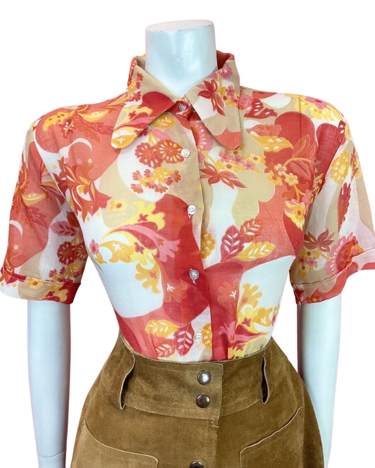 VTG 60s 70s RED ORANGE BEIGE PSYCHEDELIC SWIRL FLORAL SPOON COLLAR SHIRT 16 18